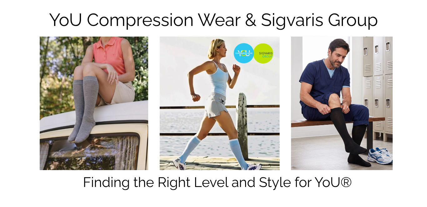 Three-panel banner showing active and professional lifestyles featuring Sigvaris knee-high compression socks, including athletic wear and medical scrubs.
